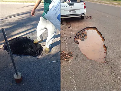 Vídeo: População assume papel da prefeitura e tapa buracos em avenida da Capital