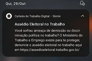 Aviso do Ministério do Trabalho orienta trabalhadores a denunciar assédio eleitoral